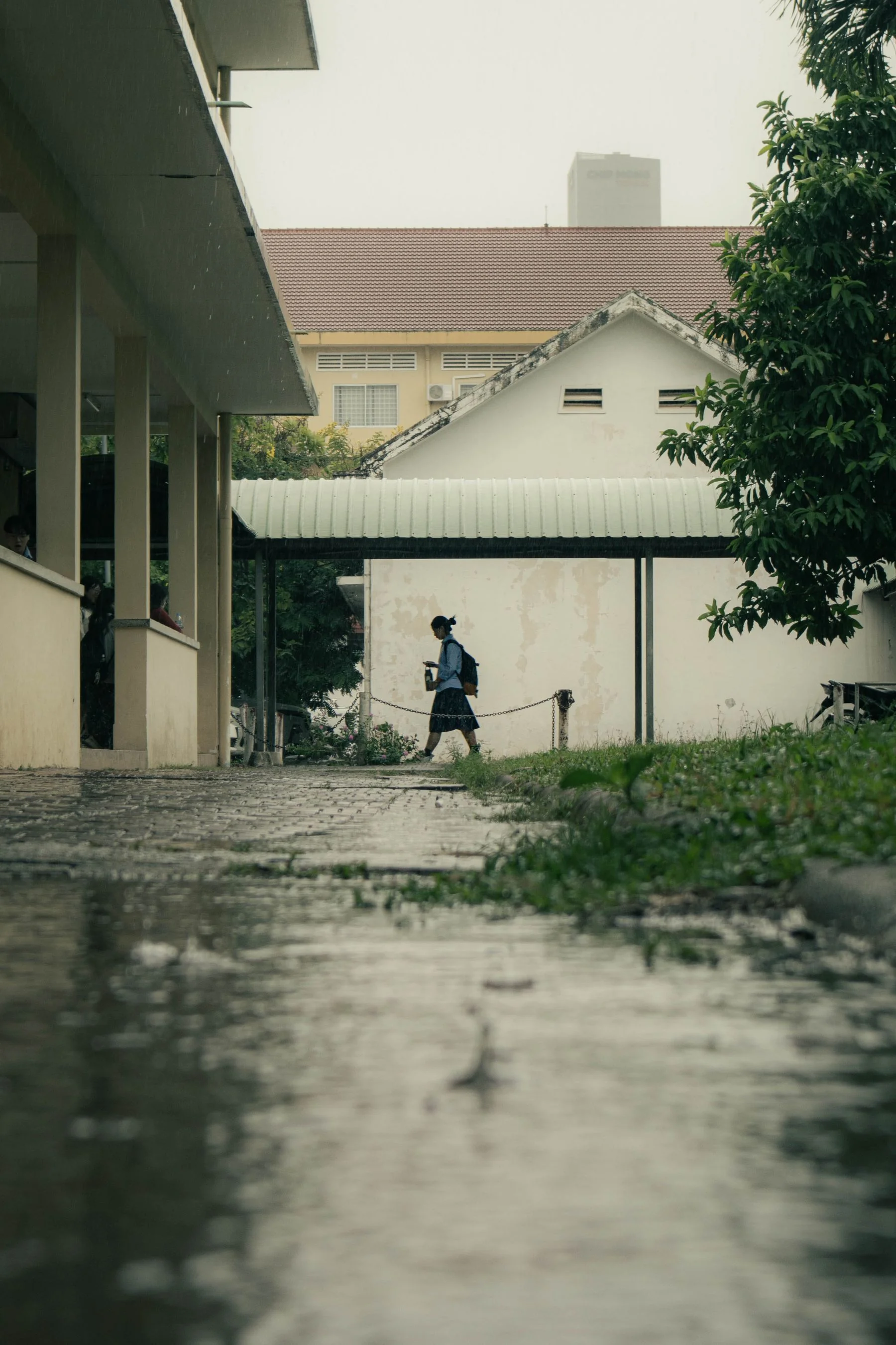 雨中的校园道路，一位背书包的学生经过